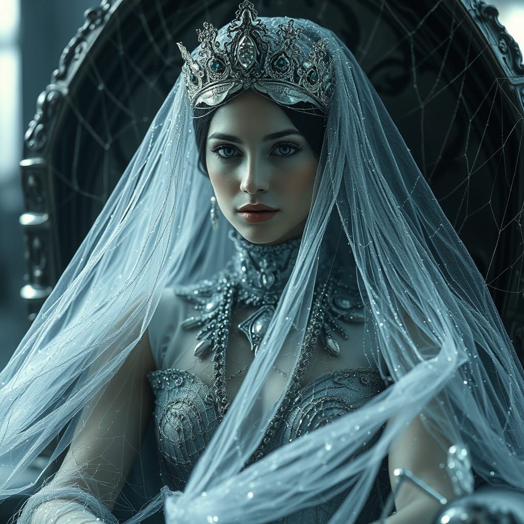 Spider Queen in Regal Web Attire with Dewdrop Gems