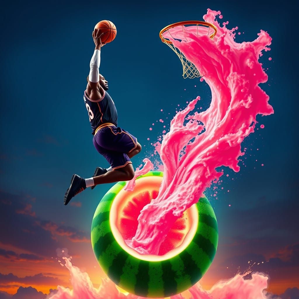 Lebron James Dunking on a Glowing Watermelon in a Vibrant, D...