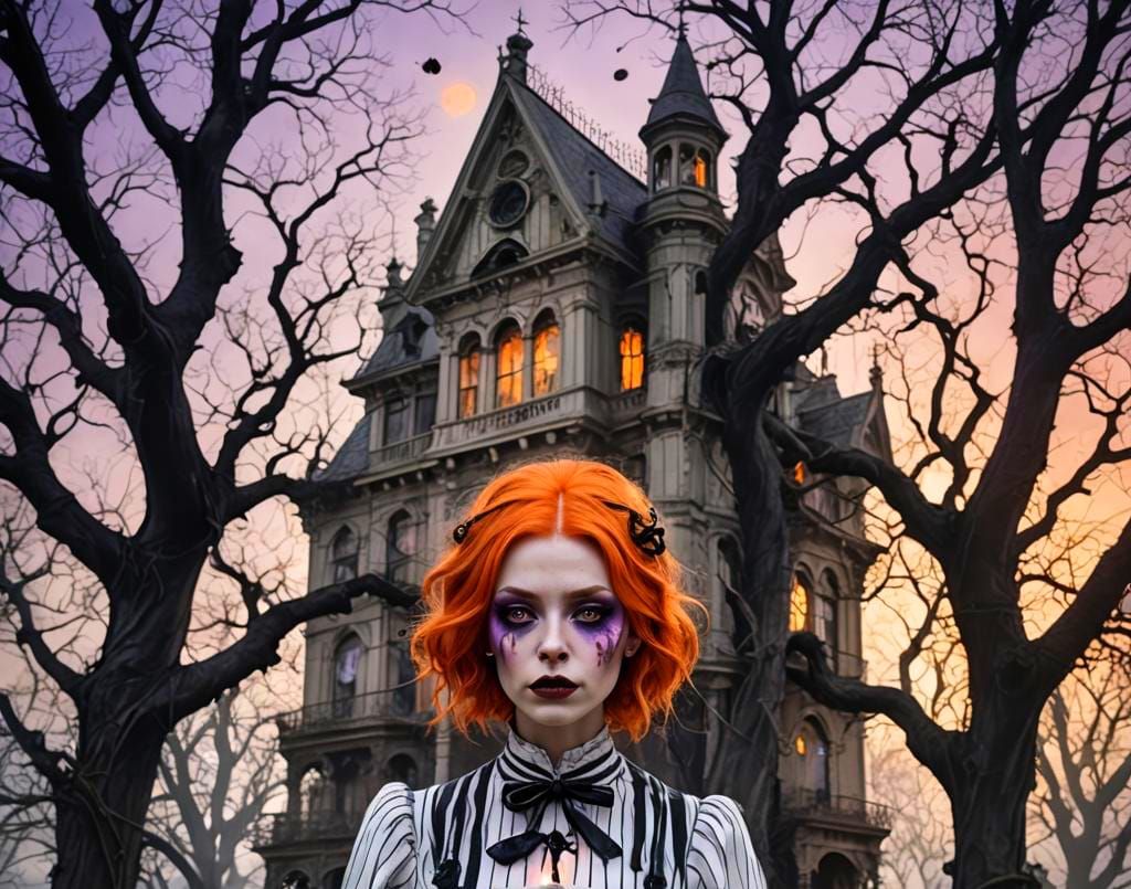 Steampunk Girl with Orange Hair Drinks Tea