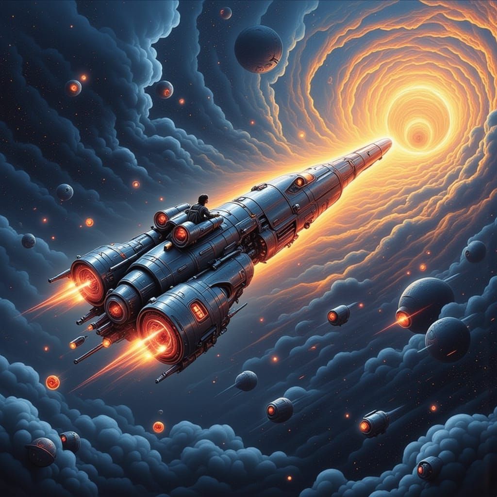 Cosmic Traveler Soaring Through Nebula in Steampunk Style