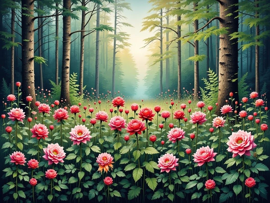 Wild Roses in Forest Field: Pixel Art Illustration