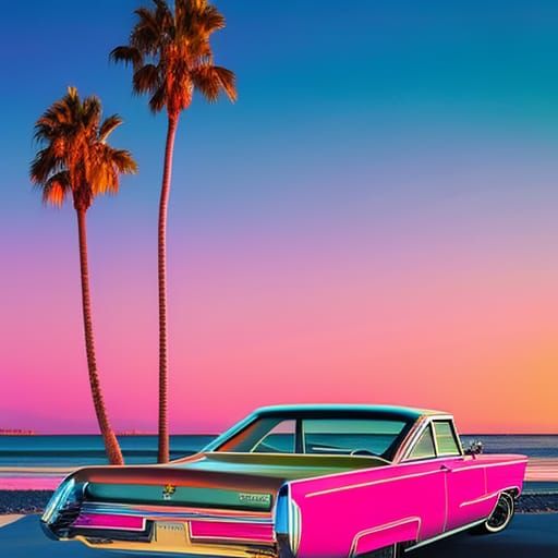 1980s Album Cover with Cadillac and Neon Sky