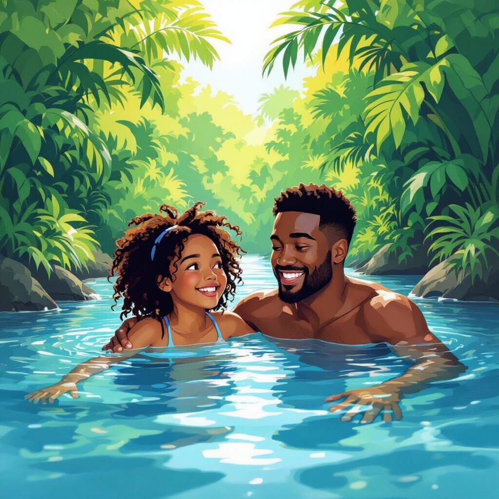 Joyful Black Family Swimming in Tropical River