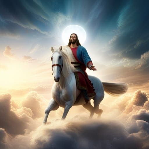 Jesus Christ on White Horse in Clouds