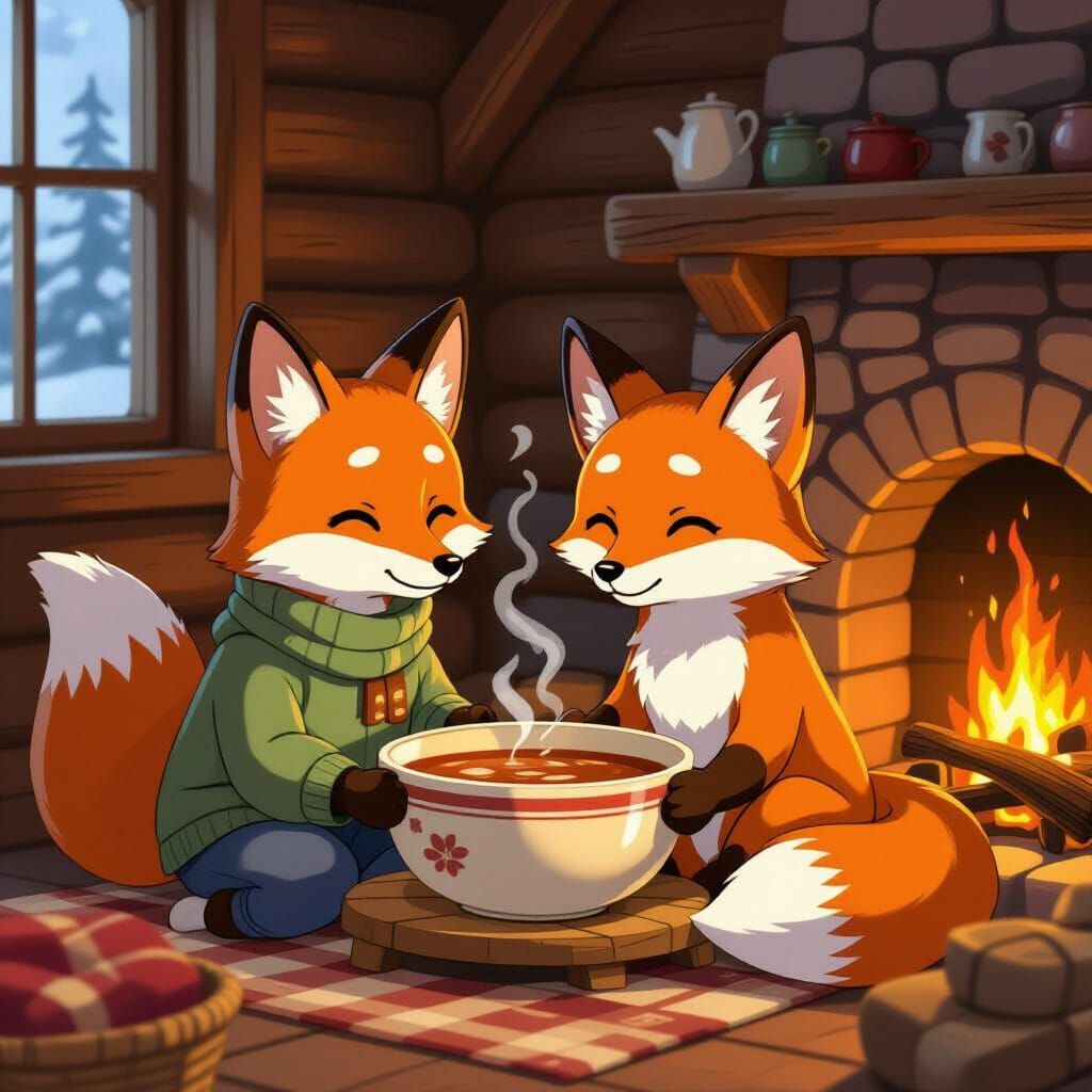 Anthropomorphic Foxes Share Soup by Fireplace in Rustic Cabi...