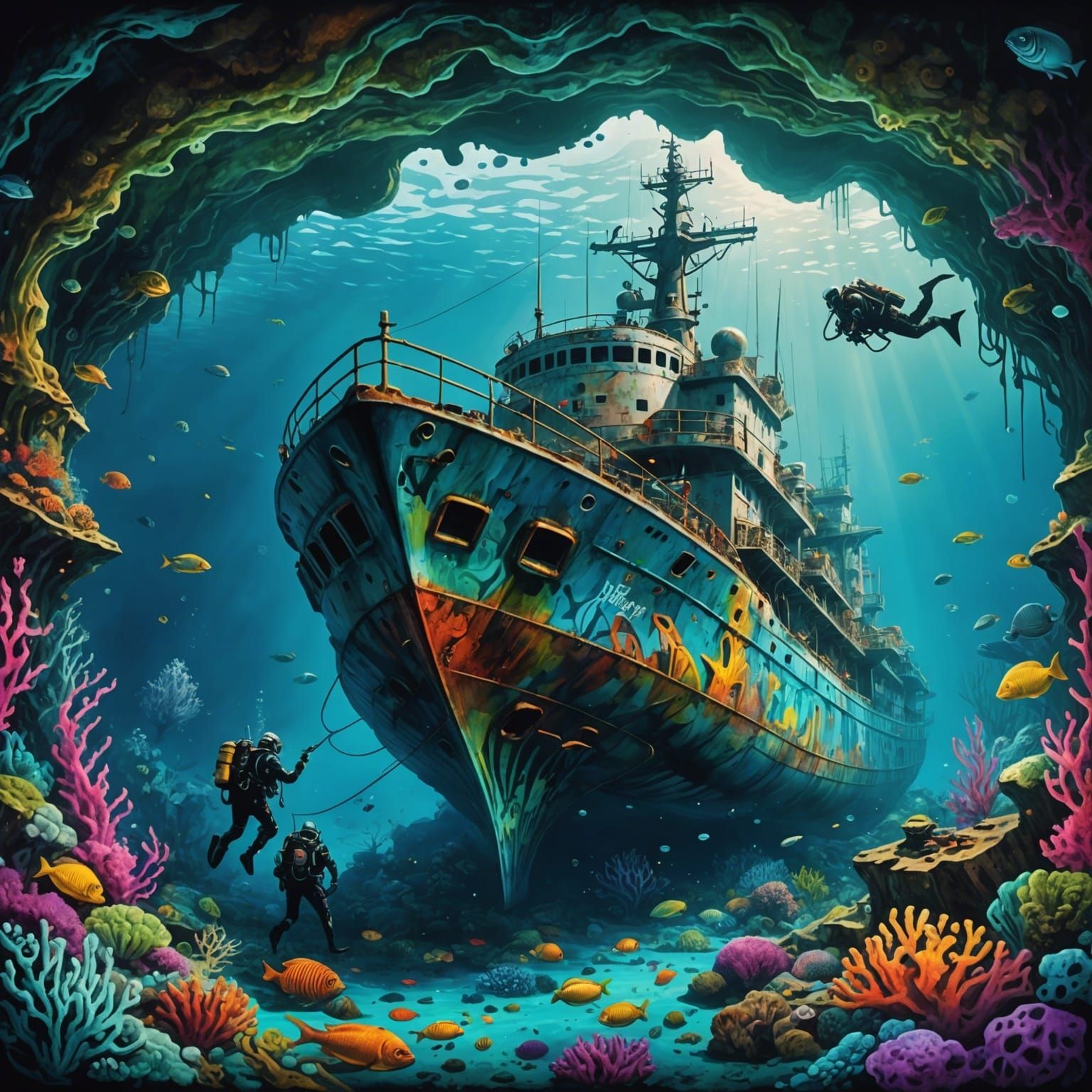 Underwater Shipwreck Graffiti Art with Divers