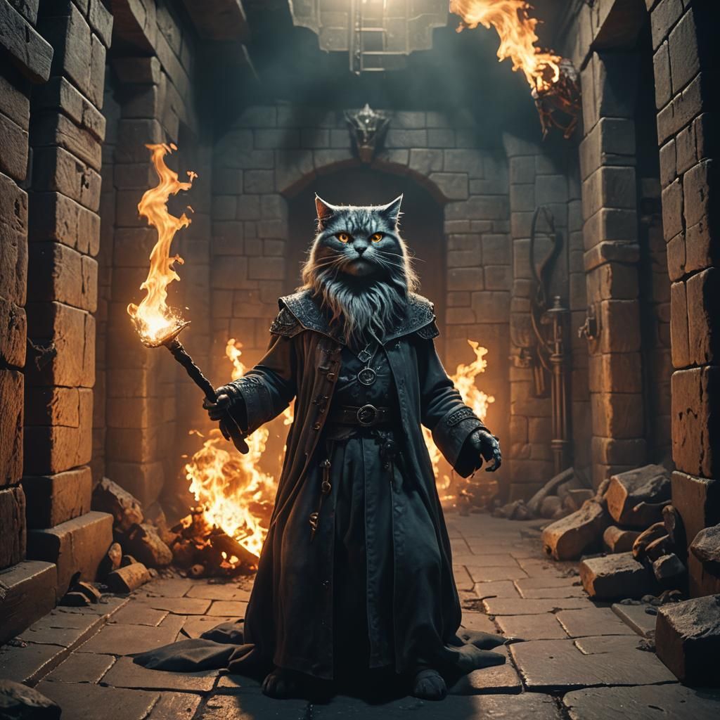 Wizard Battles Monster Cat in Fire-Lit Dungeon