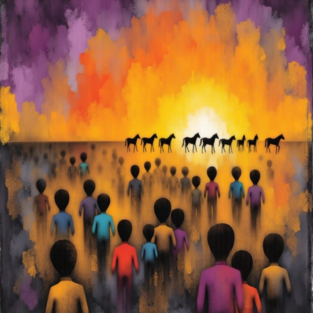 Diverse Group Running Across Sun-Drenched Plain