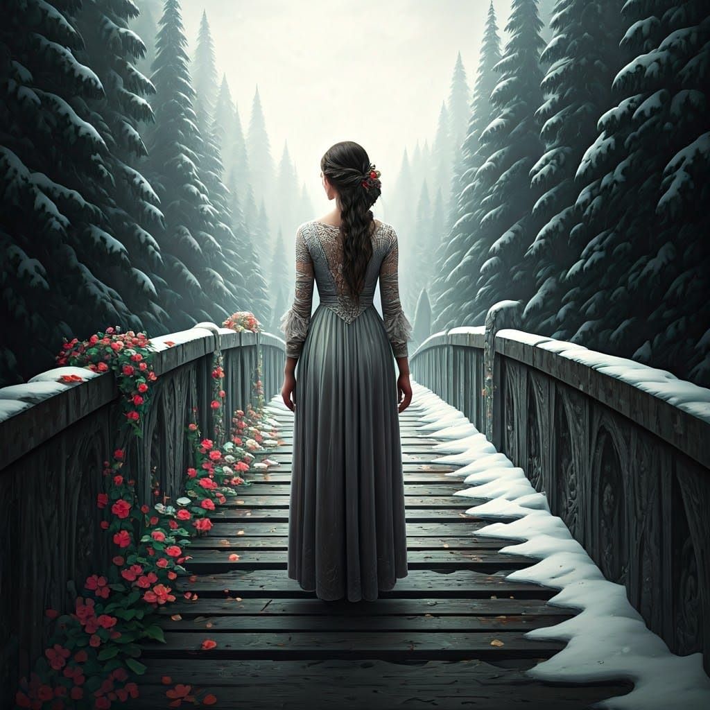 Ethereal Woman Stands on Ancient Bridge in Whimsical Landsca...