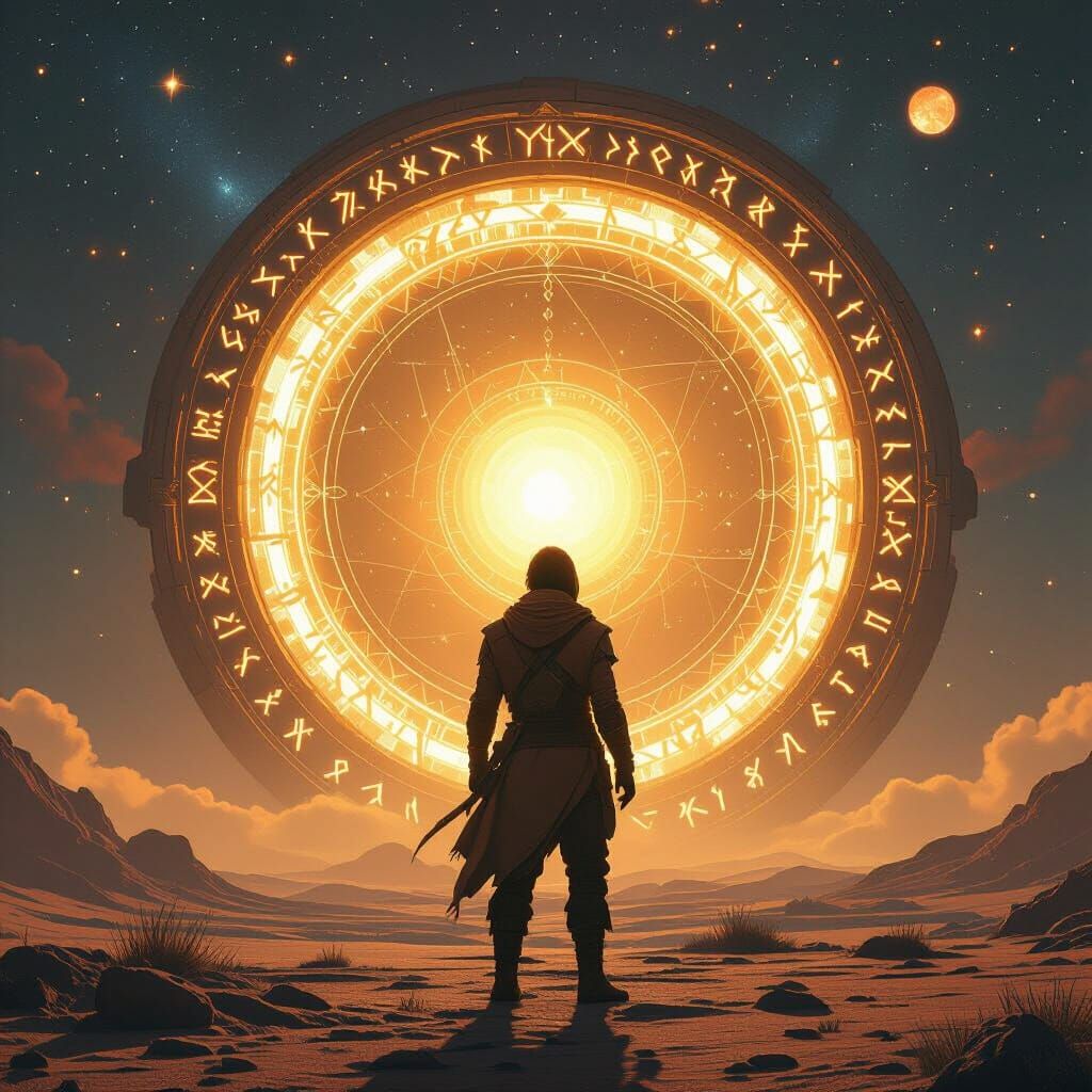 Explorer Gazing at Mystical Portal in Binary Star System