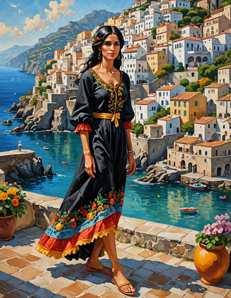Mediterranean Seductress: Oil Painting of Amalfi Coast
