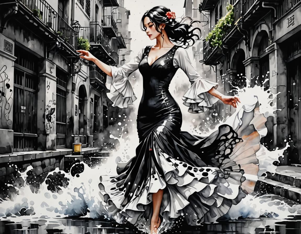 High Contrast Anime Flamenco in Watercolour Style
