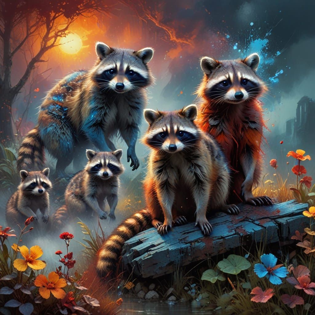 Hyper-Realistic Raccoon Family in Vibrant Grunge Palette