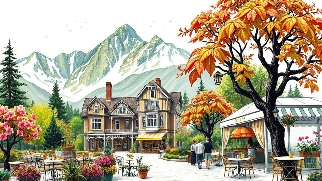 Whimsical Village at Sunset in a Dreamy Garden Landscape