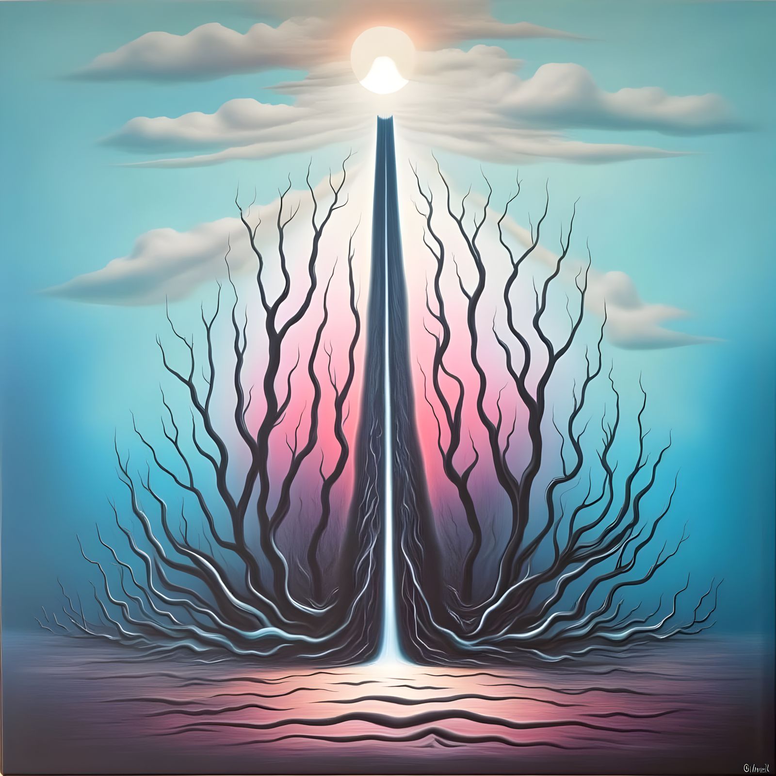 Surreal, Impressionistic Tower in a Hazy, Atmospheric Scene