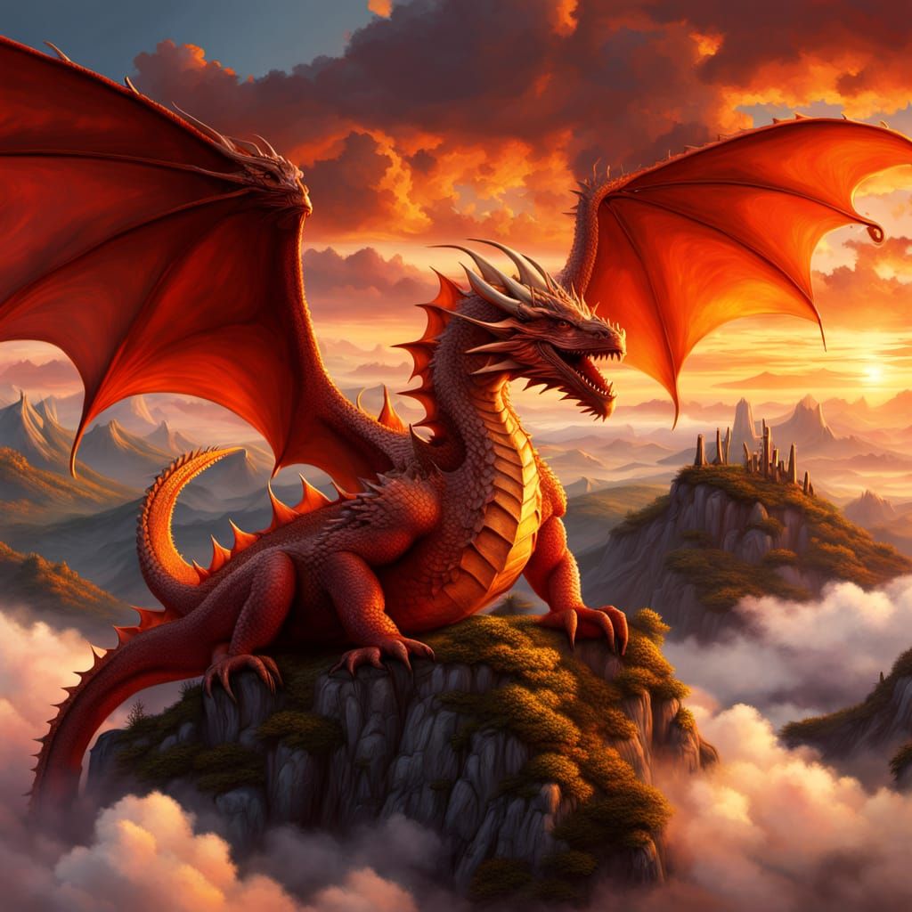 Colossal Red Dragon Sleeps Across Mountain Range at Sunset