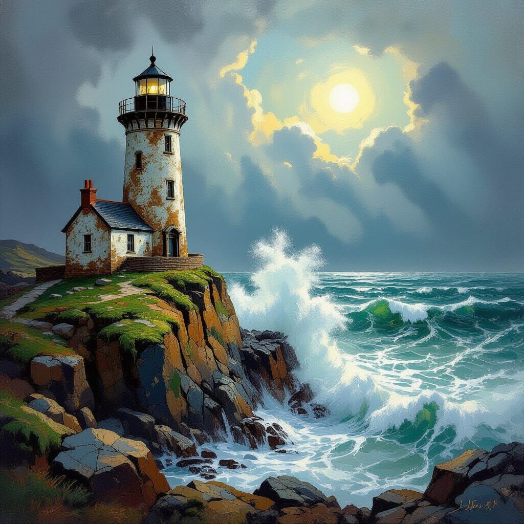 Lone Lighthouse in Stormy Seas - Expressive Oil Painting