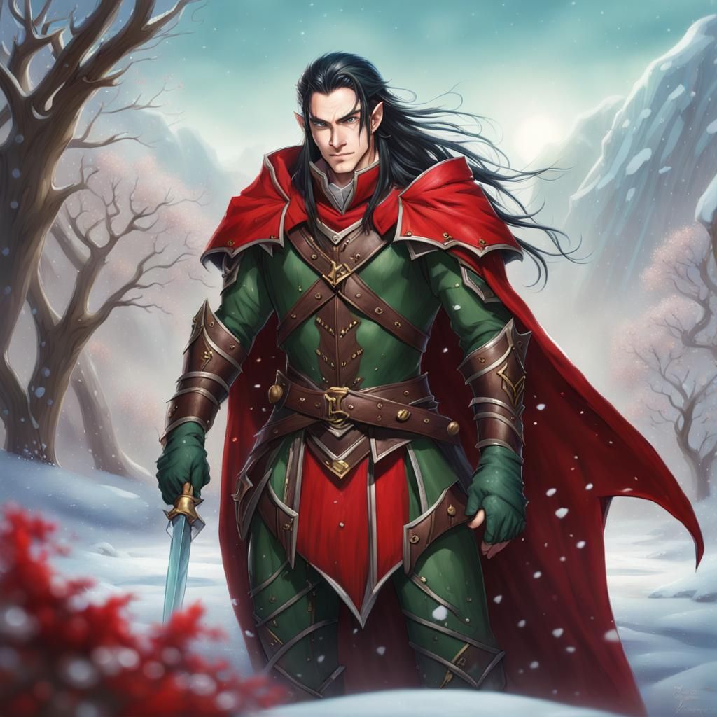 male elf wearing red leather cape and green leather armor, p...