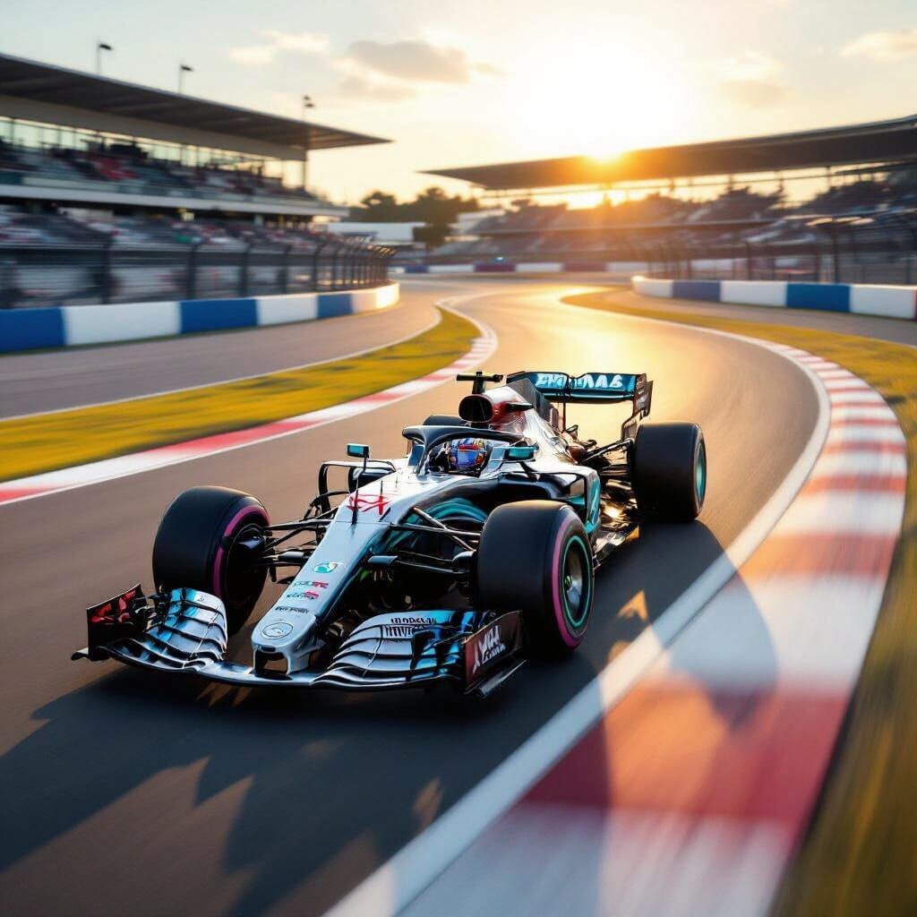 Mercedes F1 Car Speeds on Sun-Drenched Track
