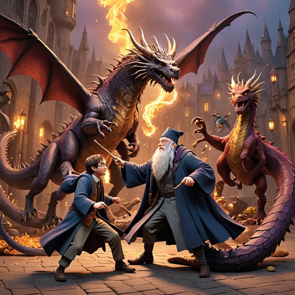 Harry Potter and Dumbledore Dragon Fight: 3D Digital Art