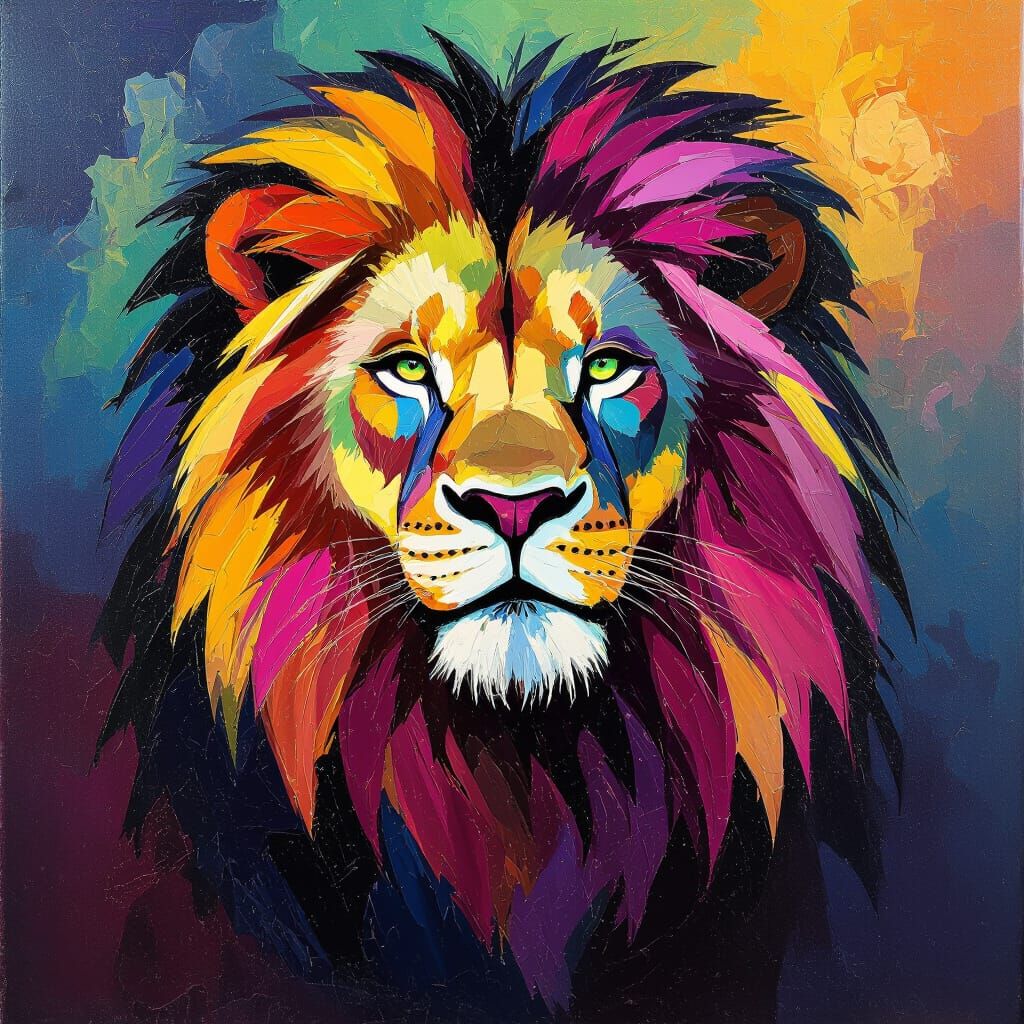 Vibrant Lion Portrait Painting in Expressive Impasto Style