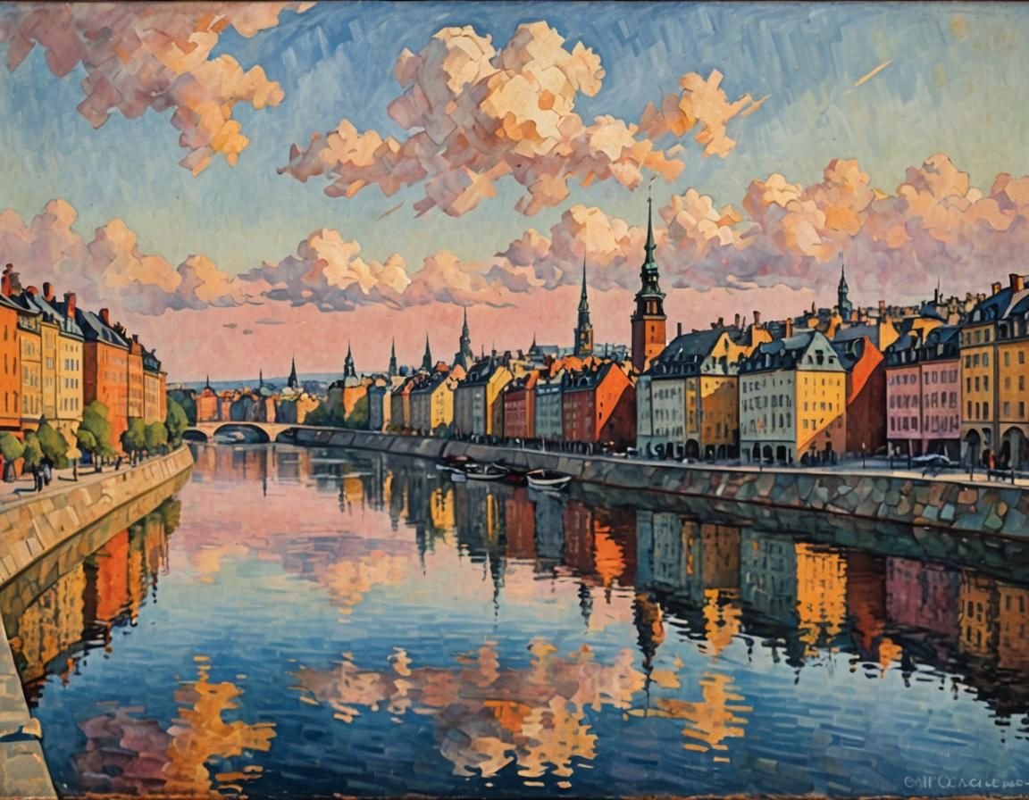 Stockholm Sunrise in Cezanne Oil Painting Style