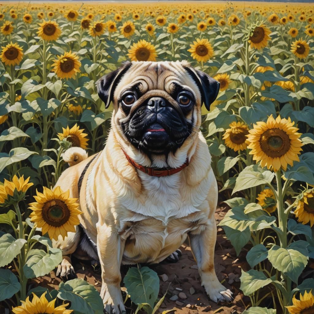 Pug's Joyful Day in Sunflower Field