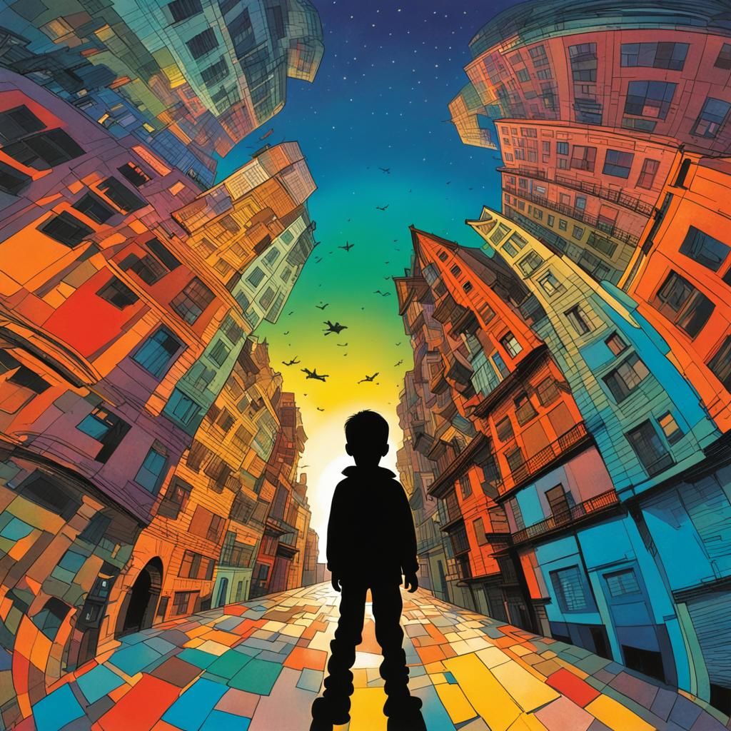 Boy's Silhouette in Colorful Cityscape, Fisheye Lens