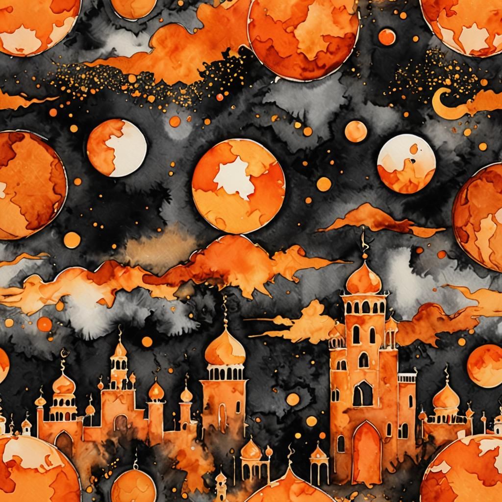 Monochromatic Arabian Nights in Orange Watercolor