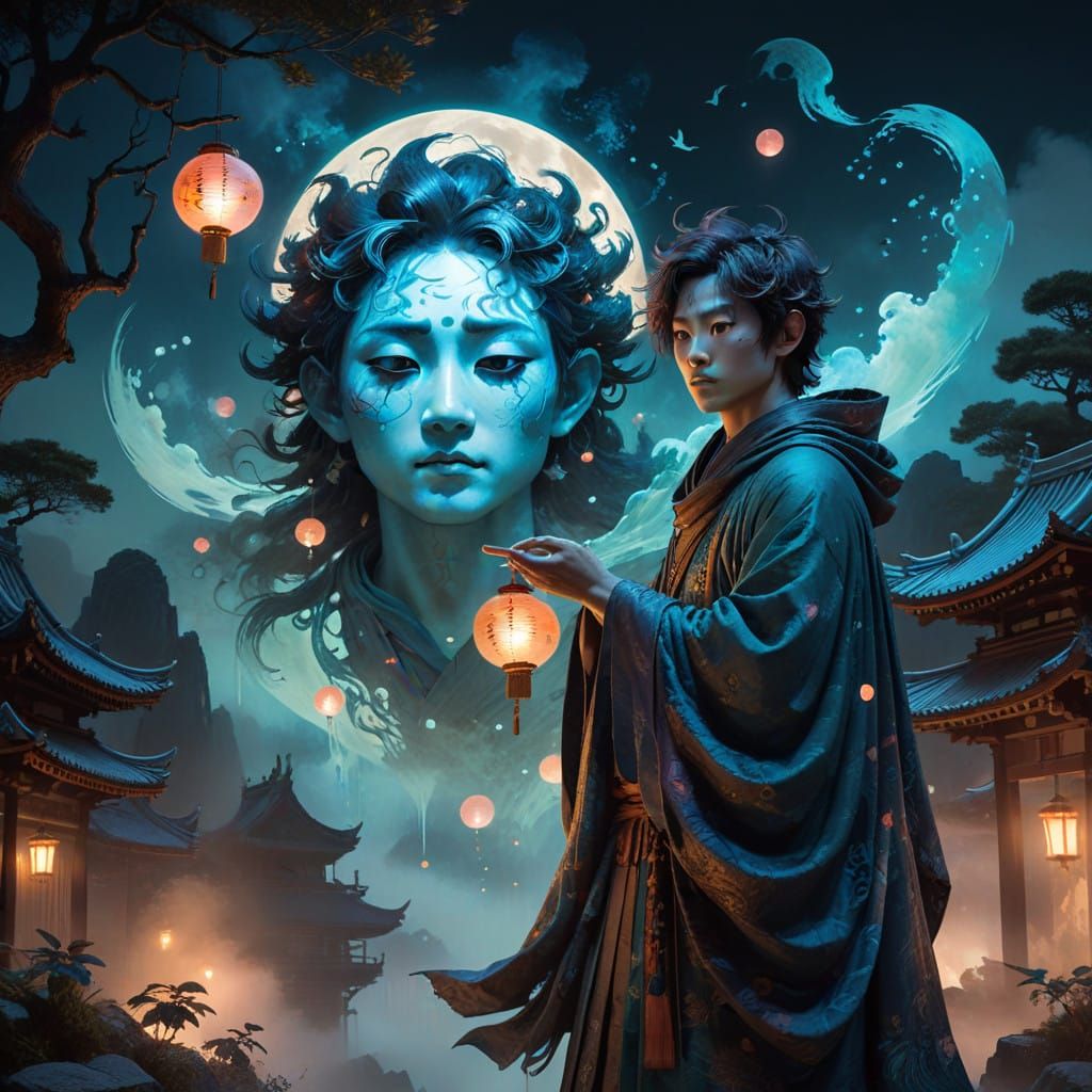 Ethereal Yokai and Young Boy Engage in Mysterious Conversati...