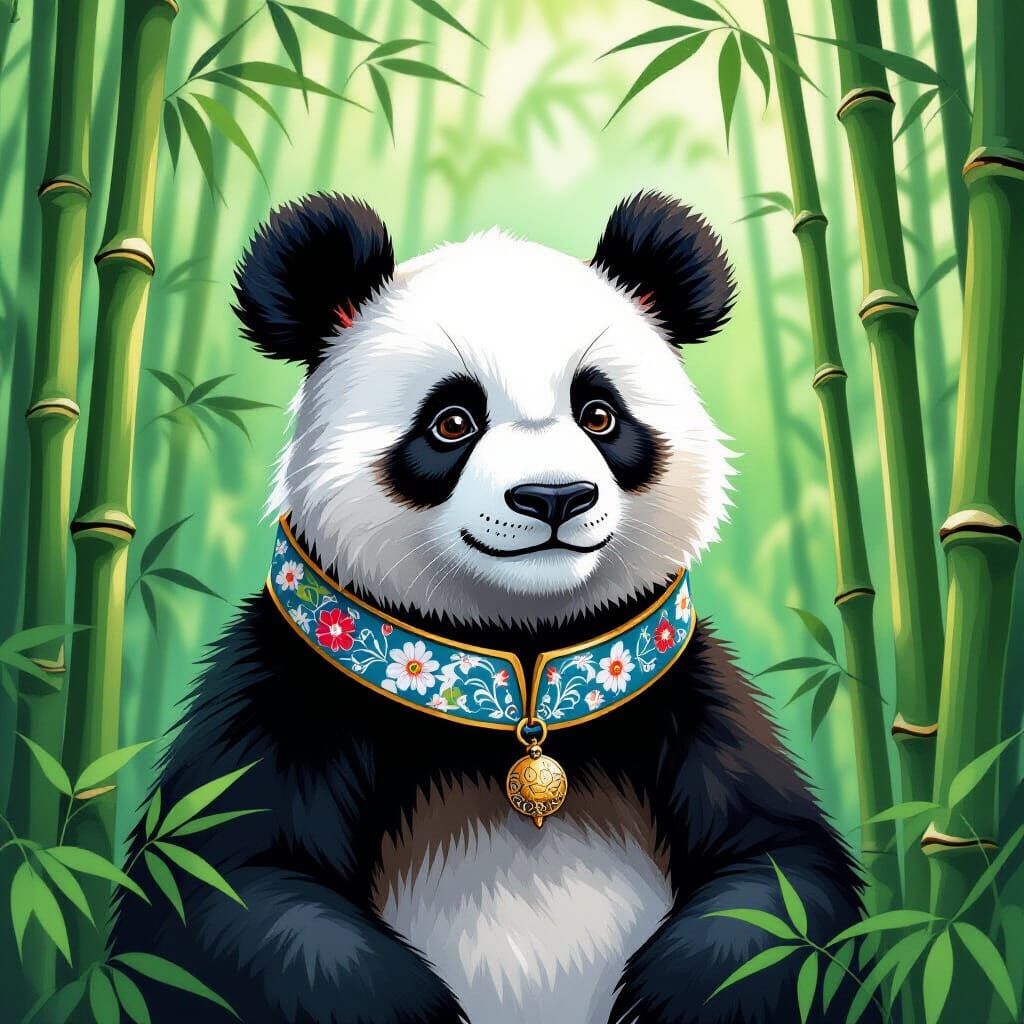 Panda in Bamboo Forest as Gouache Painting
