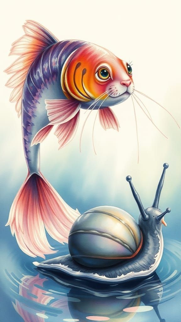 Pastel Catfish Intercepts Snail: Dreamy Watercolour Art