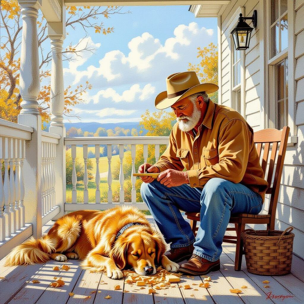 Man Wood Carving with Golden Retriever on Porch