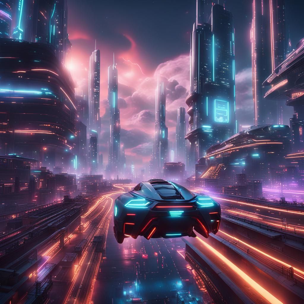 Futuristic Cityscape with Flying Cars in 3D Render