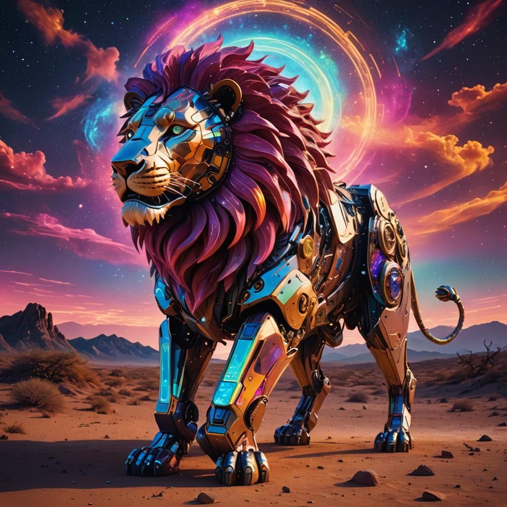 Mechanical Lion in Futuristic Desert: Mixed Media Art