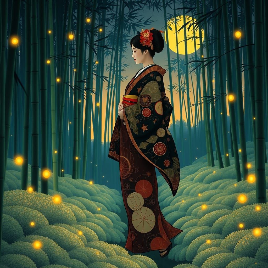 Geisha in Enchanted Bamboo Forest: Art Nouveau Style