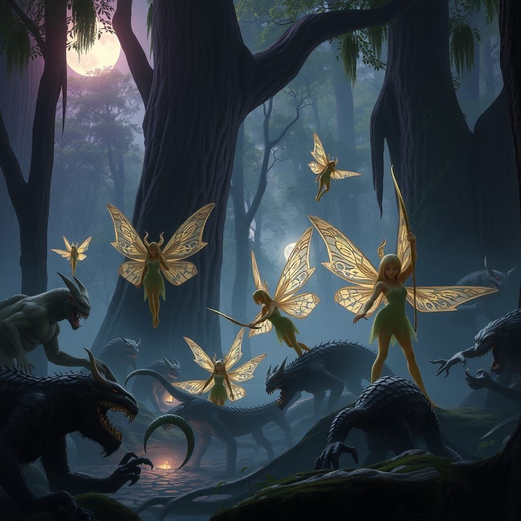 Elven Fairies and Monsters in Dark Fantasy Woodland