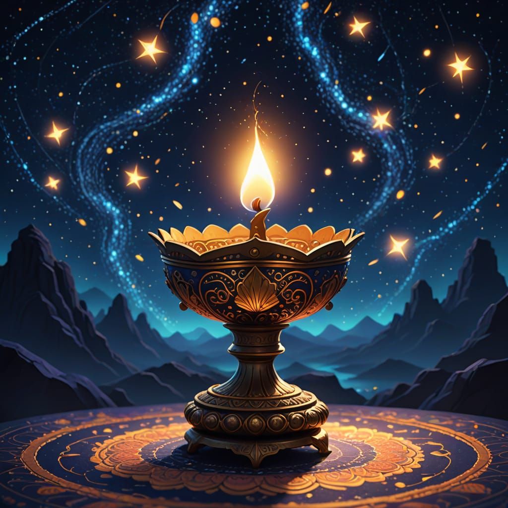Pixar Style Diwali Lamp Illuminating Cosmic Night Sky