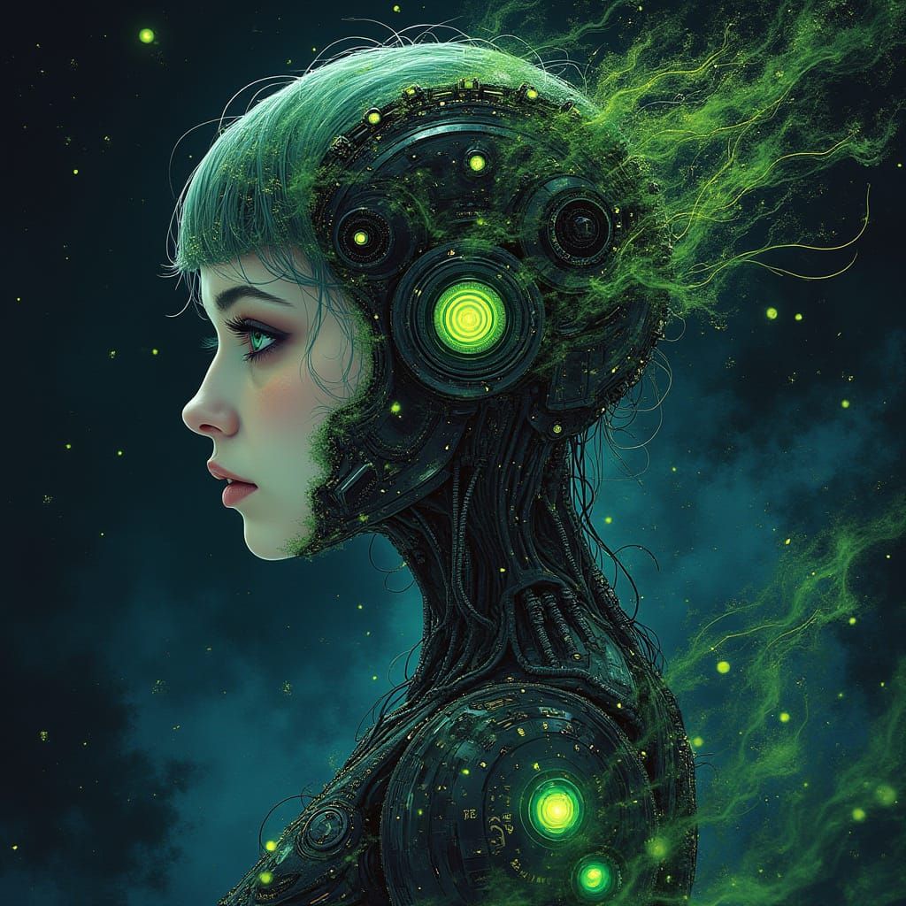 Cyborg Woman in Dark Sci-Fi Ink Wash Painting