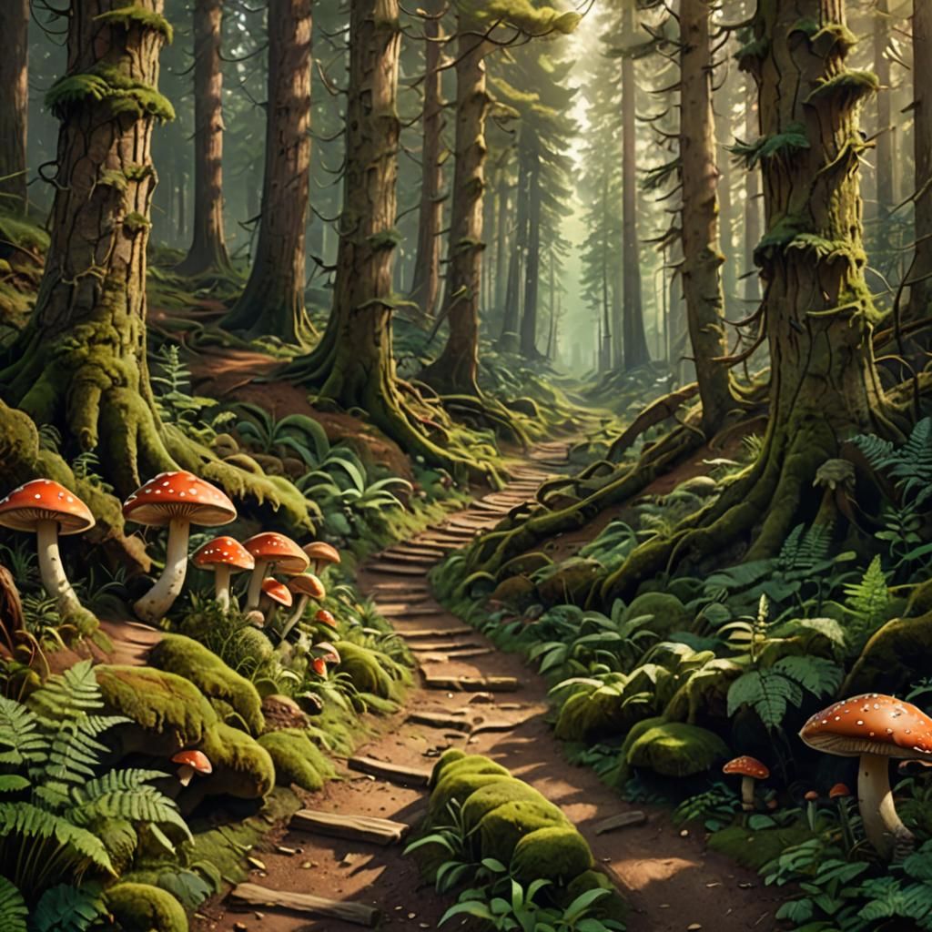 Enchanted Forest Path with Mushrooms, Fantasy Art