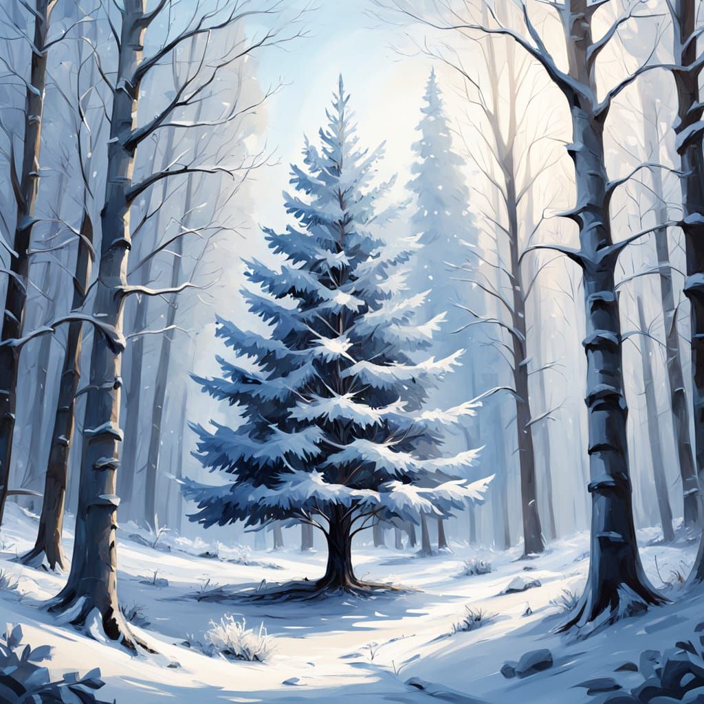 White Christmas Tree in Snowy Forest Oil Painting