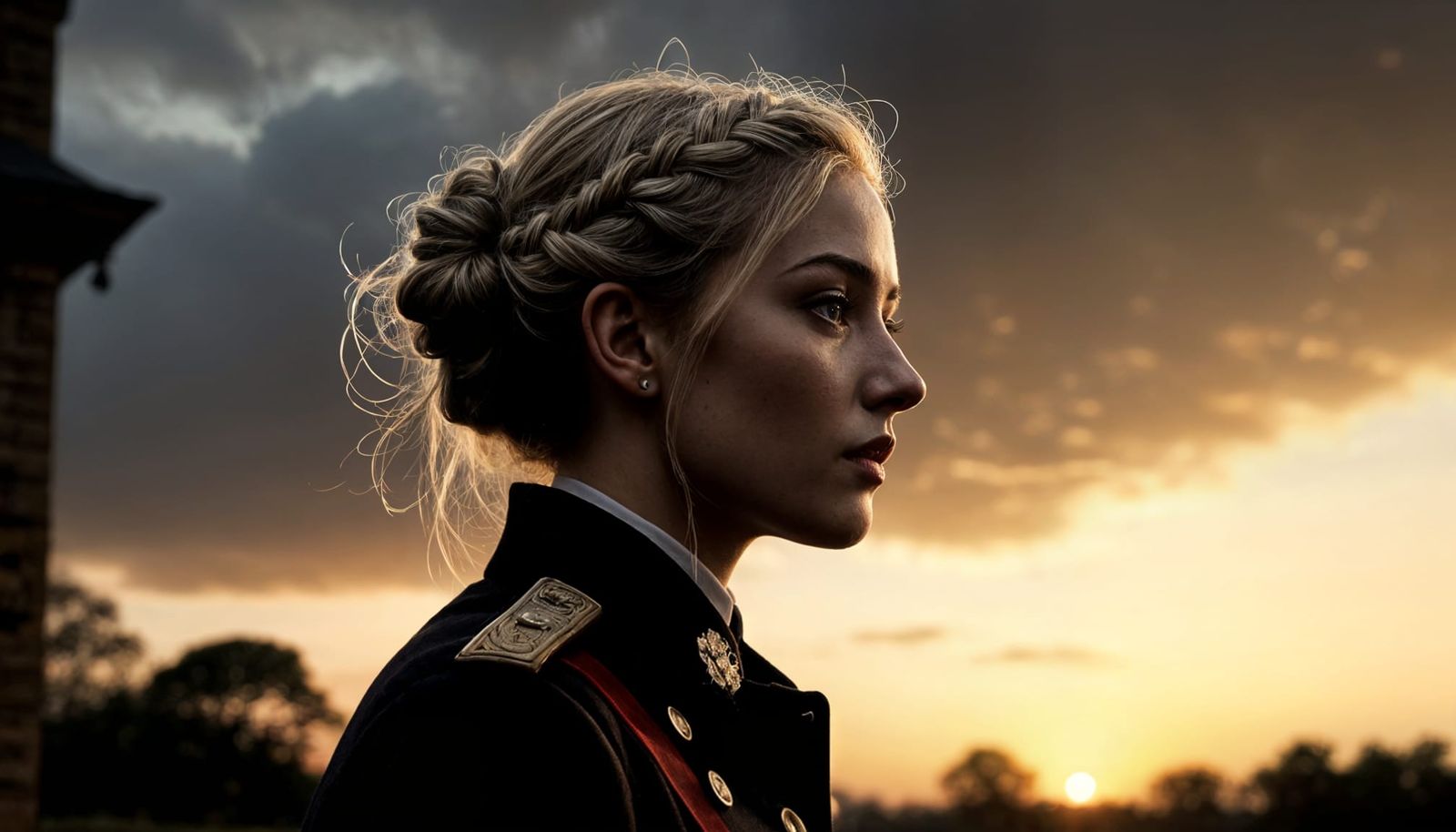 Ethereal Gothic Blonde in WWI Uniform in Twilight