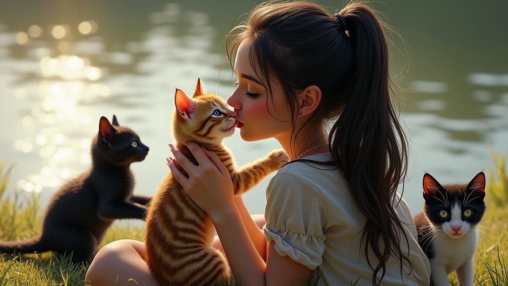 Serene Lakeside Moment with a Tiger-Patterned Kitten