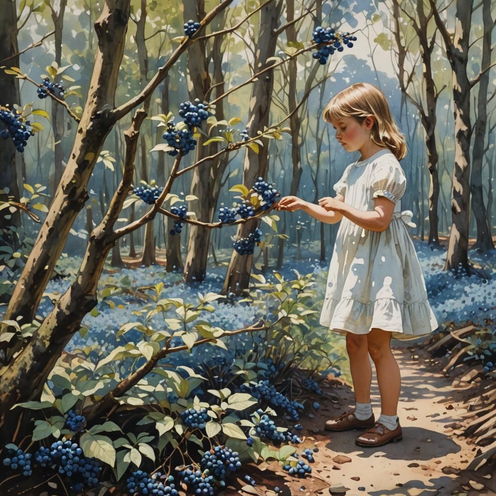 Girl Picking Blueberries in Forest, Watercolour Painting