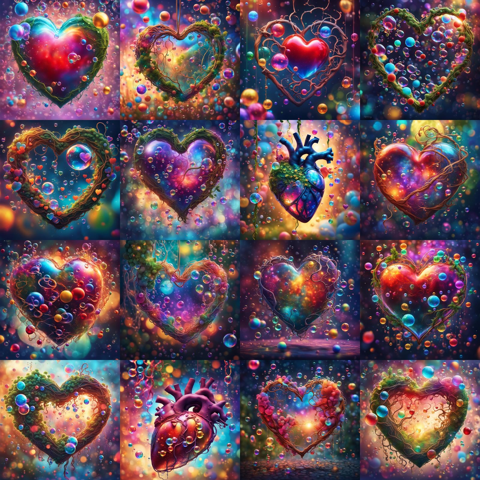 Heart Bubbles with Vines in Hyperrealistic Style