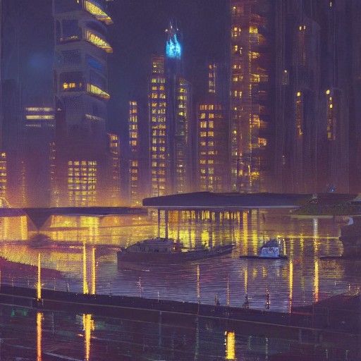 Night City Waterfront in Hyperdetailed Digital Illustration