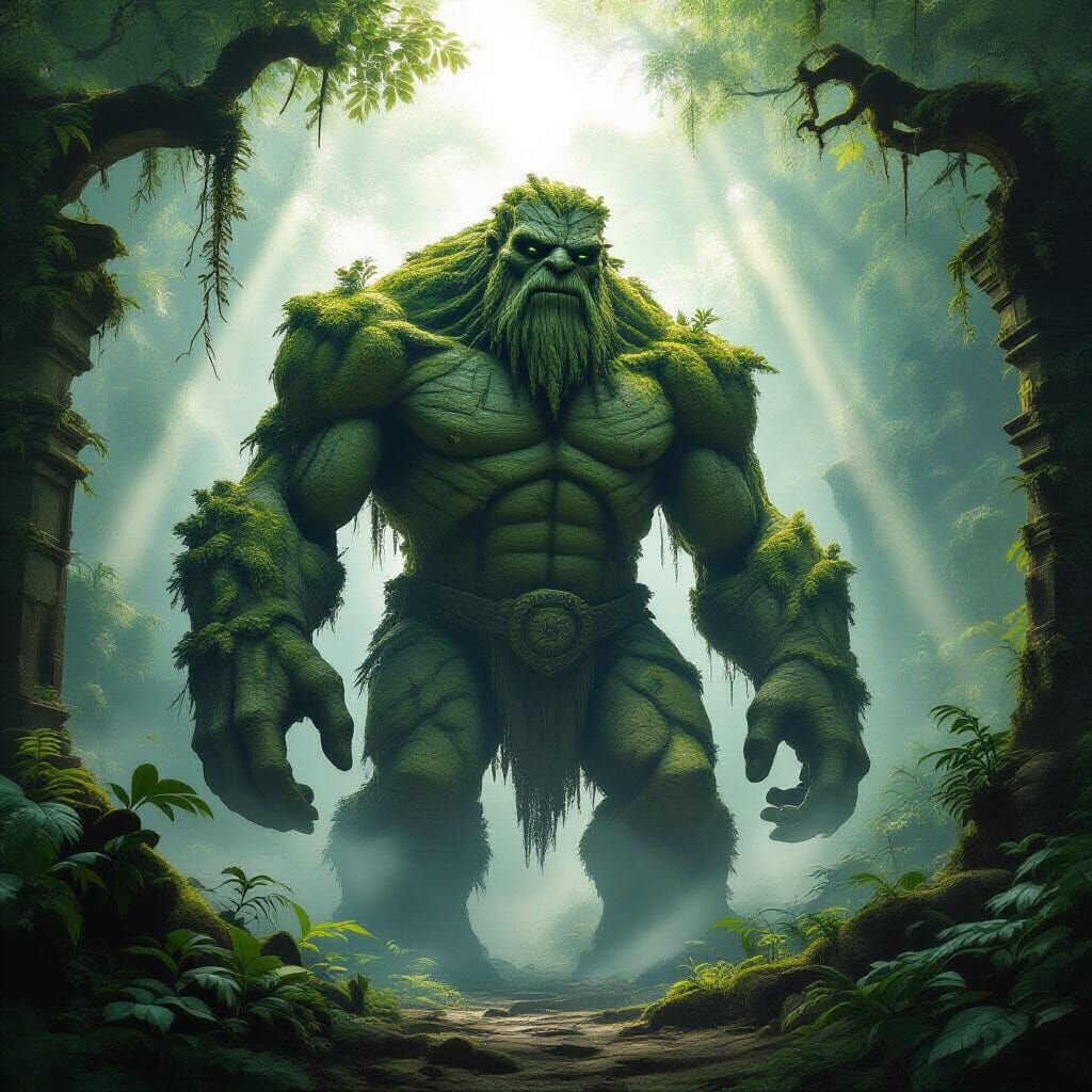 Ancient Stone Golem in Misty Jungle Clearing