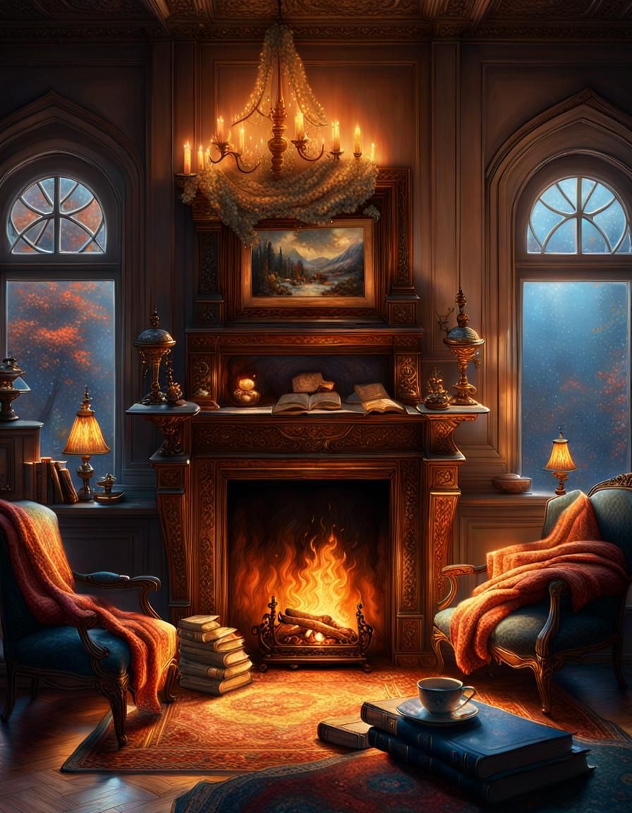 Peaceful Living Room with Fireplace in Detailed Fantasy Styl...