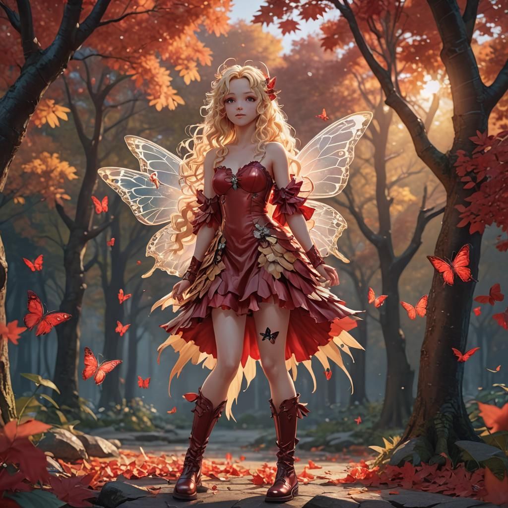 Blonde Fairy with Butterfly Wings Watching Sunrise