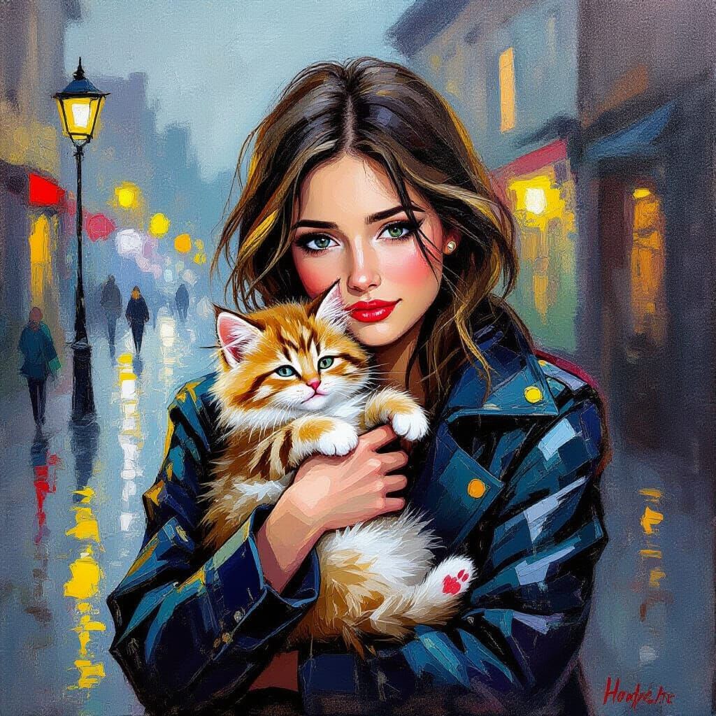 Woman Cradles Kitten After Rain in Neo-Impressionist Style